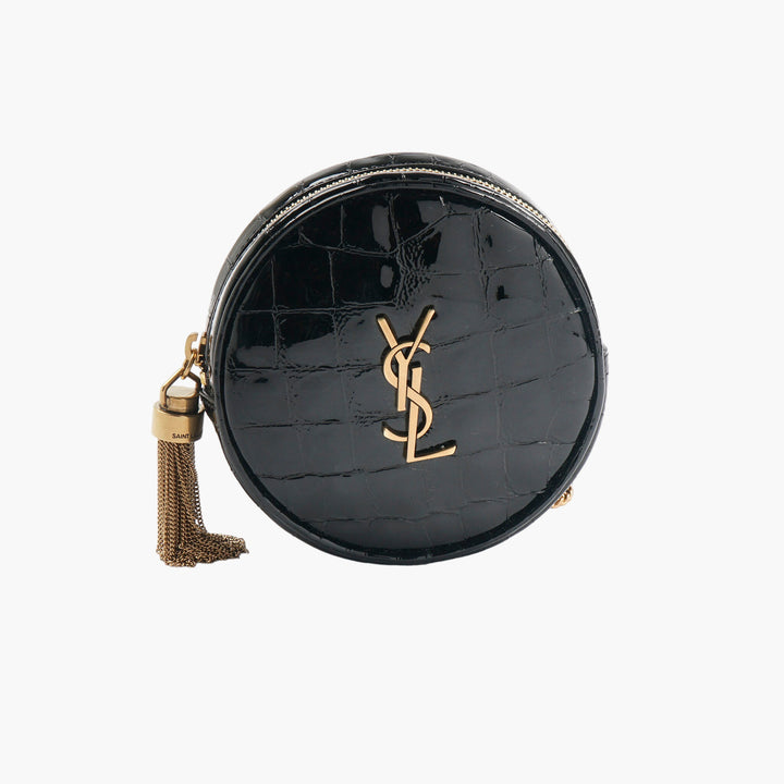 Saint Laurent Black Croc-Embossed Leather Bag with Gold YSL Logo and Tassel Accent