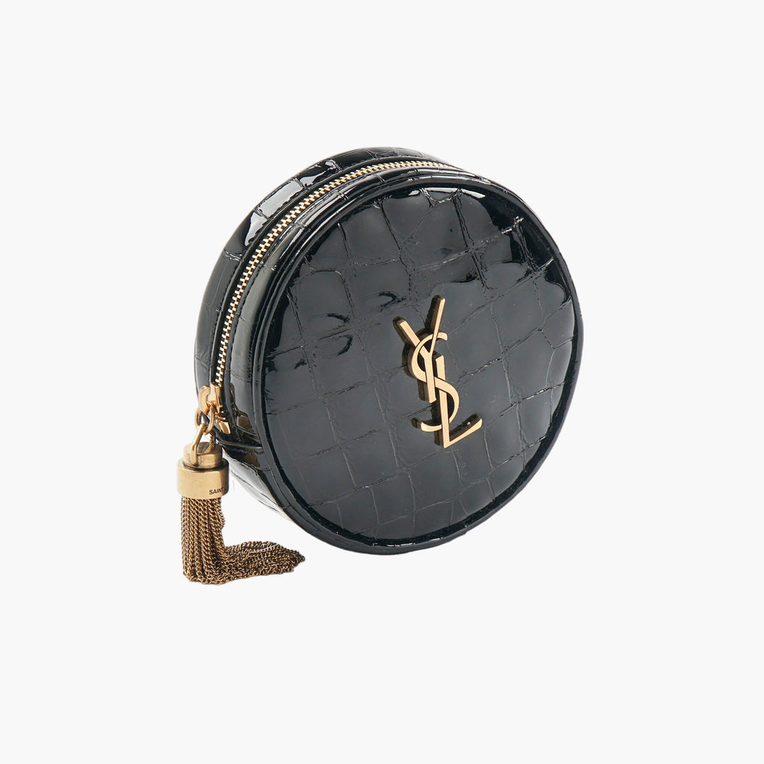 Saint Laurent Black Croc-Embossed Leather Bag with Gold YSL Logo and Tassel Accent