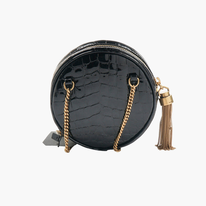 Saint Laurent Black Croc-Embossed Leather Bag with Gold YSL Logo and Tassel Accent