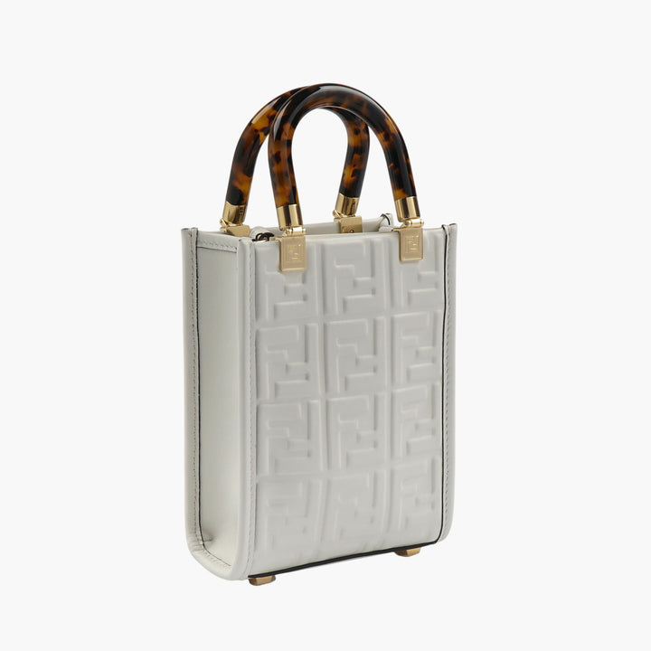 Fendi White Bag with Iconic FF Logo and Tortoiseshell Handle - Made in Italy