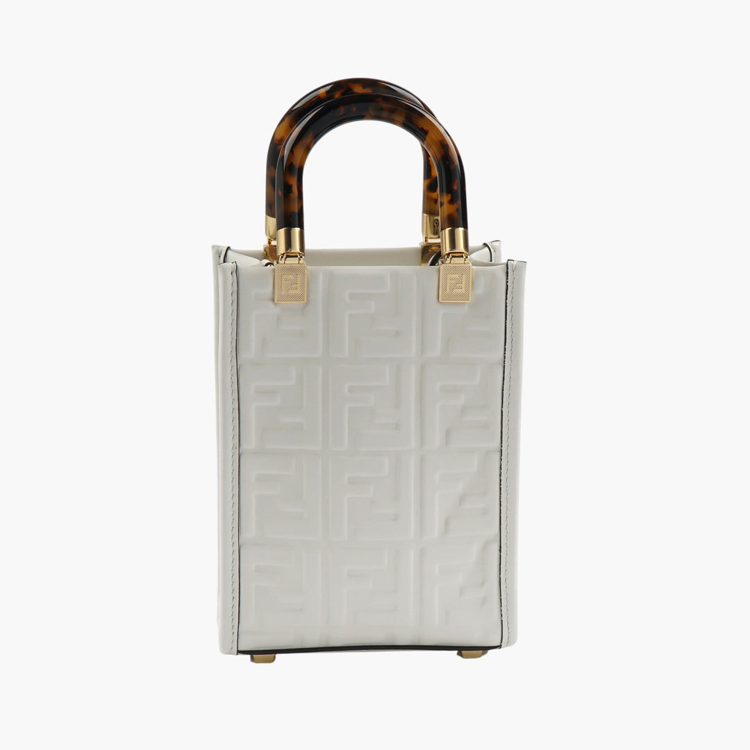 Fendi White Bag with Iconic FF Logo and Tortoiseshell Handle - Made in Italy