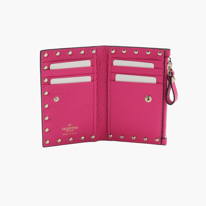 Valentino Luxury Leather Wallets in Fuchsia-Gold with Stud Detailing