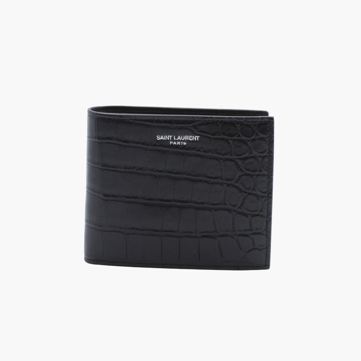 Saint Laurent Croc-Embossed Black Leather Wallet with Logo