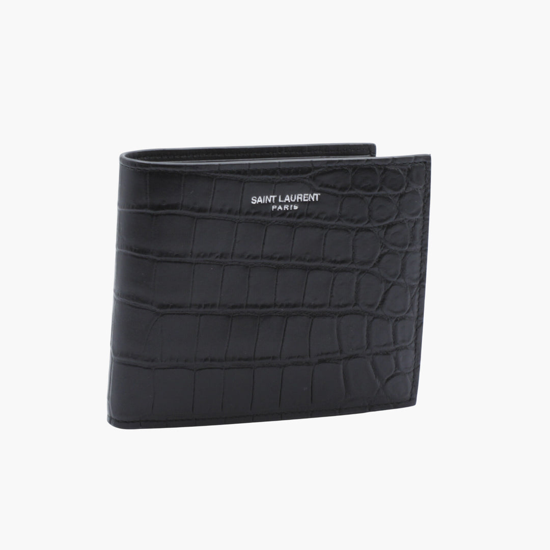 Saint Laurent Croc-Embossed Black Leather Wallet with Logo