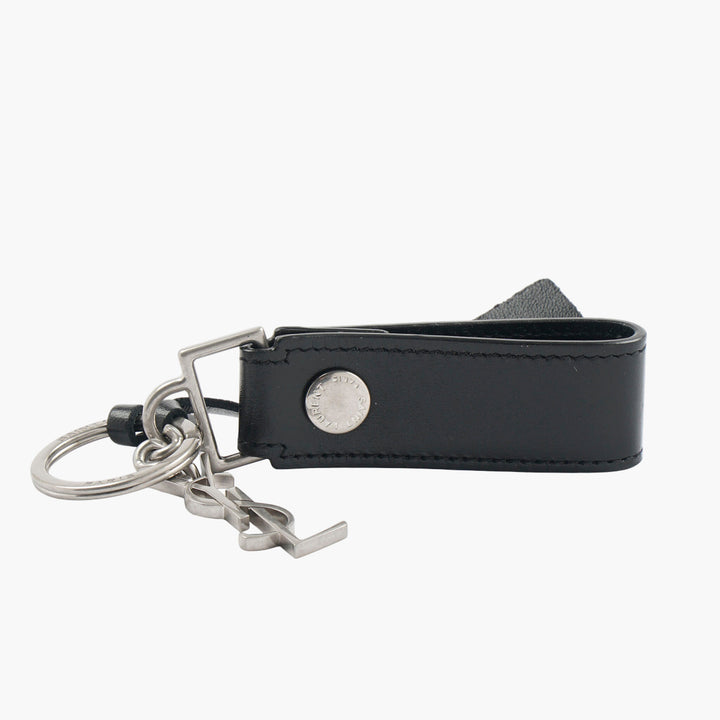 Saint Laurent Black Leather Keychain with YSL Logo Charm