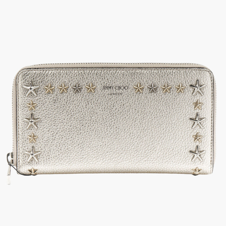 Jimmy Choo Golden Wallet with Signature Star Studs and Secure Zip-Around Closure