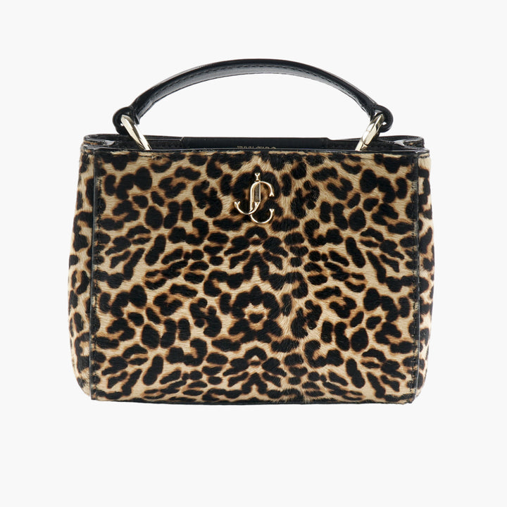 Jimmy Choo Varenne Top Handle Mini Brown Bag with Leopard Print and Gold-Tone Logo Detail