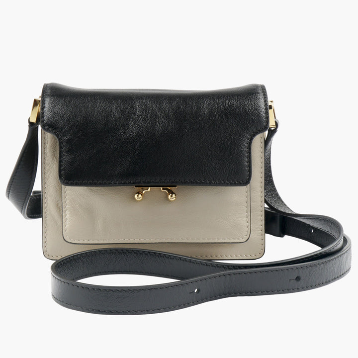 Marni Beige-Black Leather Bag with Adjustable Strap and Gold-Tone Hardware