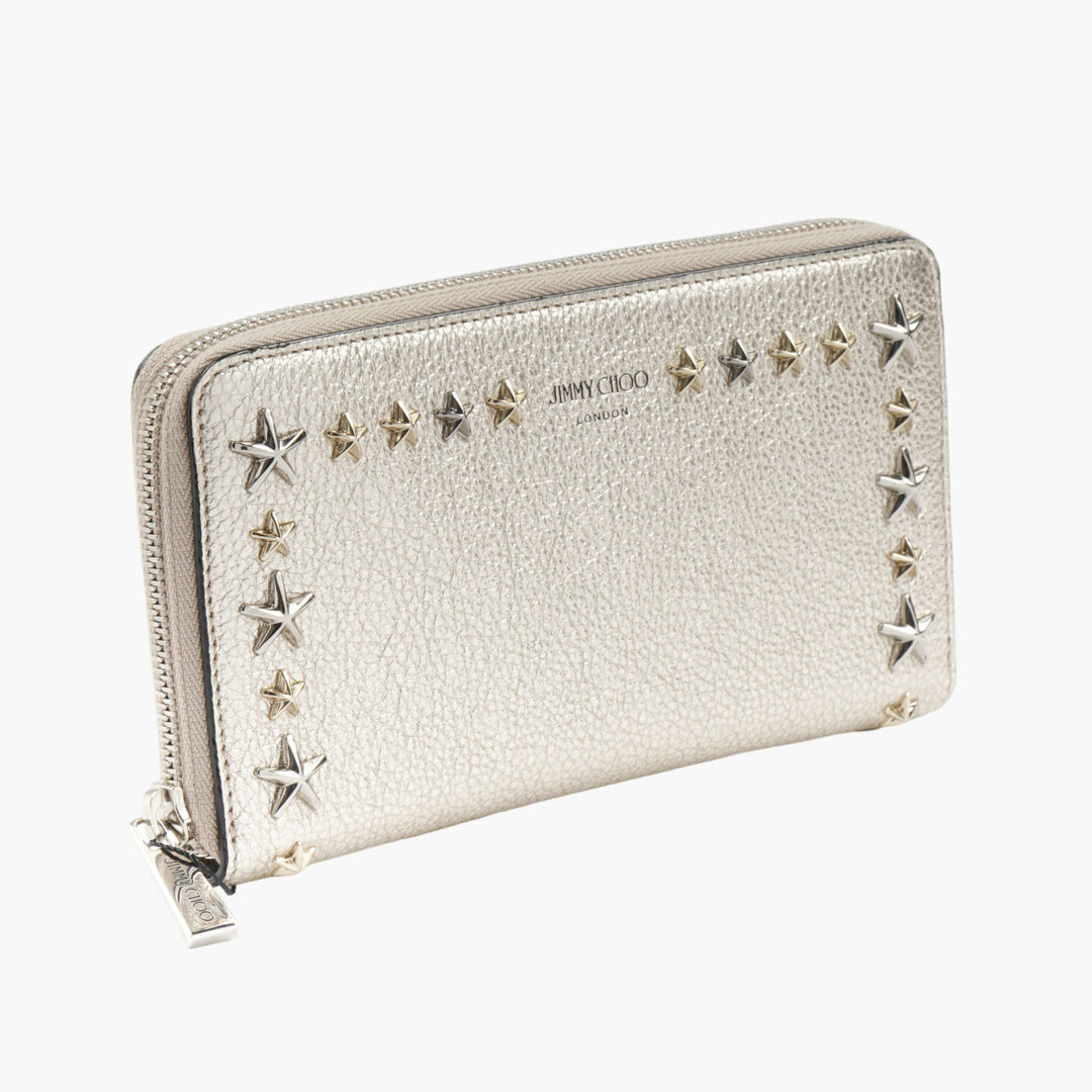 Jimmy Choo Golden Wallet with Signature Star Studs and Secure Zip-Around Closure