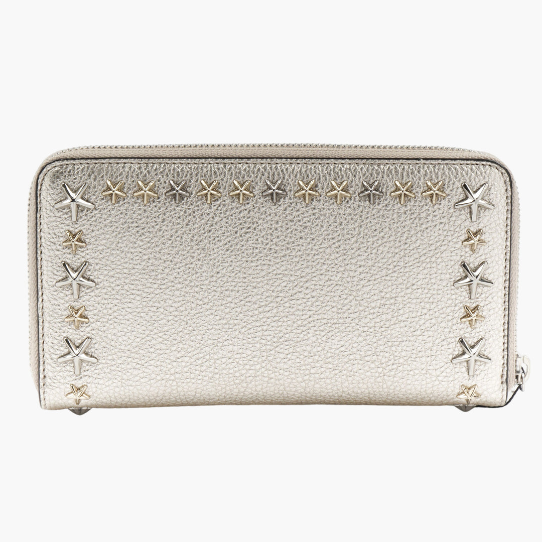 Jimmy Choo Golden Wallet with Signature Star Studs and Secure Zip-Around Closure