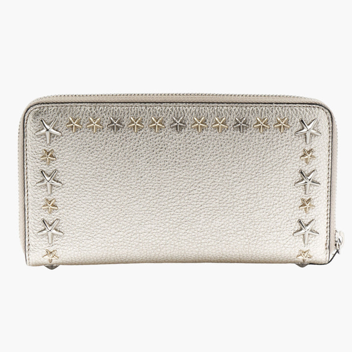 Jimmy Choo Golden Wallet with Signature Star Studs and Secure Zip-Around Closure