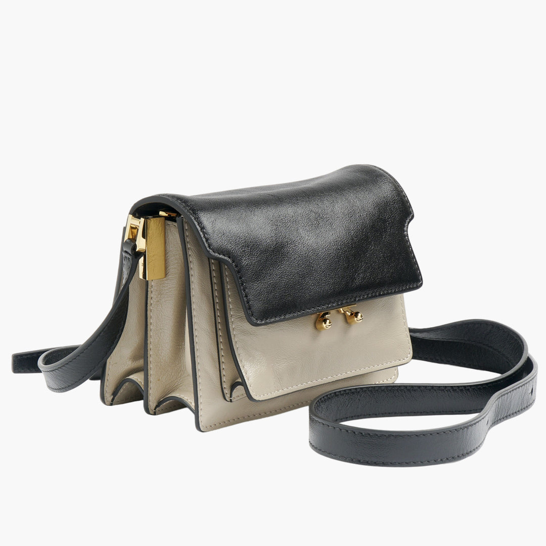 Marni Beige-Black Leather Bag with Adjustable Strap and Gold-Tone Hardware