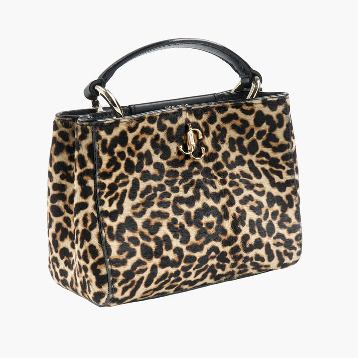 Jimmy Choo Varenne Top Handle Mini Brown Bag with Leopard Print and Gold-Tone Logo Detail