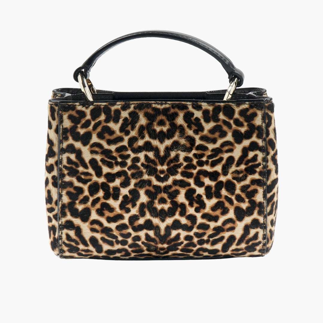 Jimmy Choo Varenne Top Handle Mini Brown Bag with Leopard Print and Gold-Tone Logo Detail