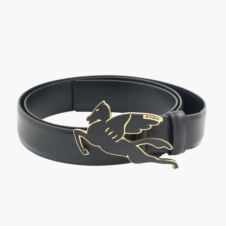 Etro Black Gold Leather Belt with Pegasus Motif Buckle