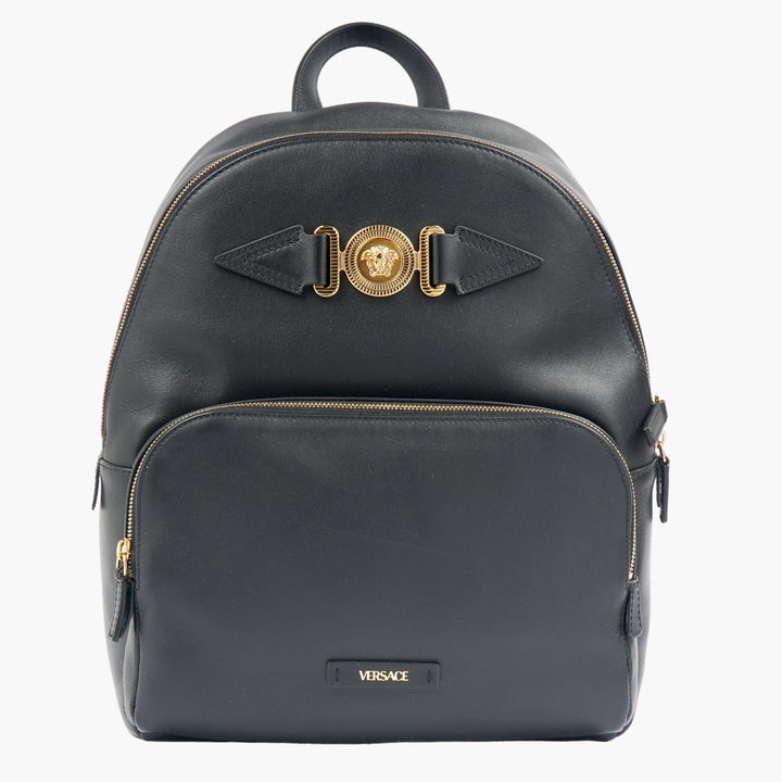 Versace Black-Gold Leather Backpack with Medusa Head