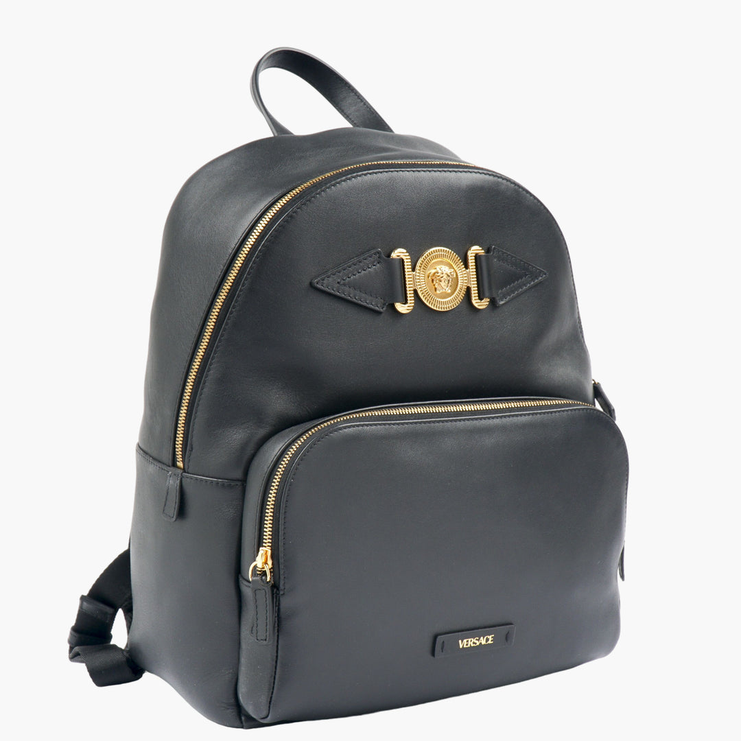 Versace Black-Gold Leather Backpack with Medusa Head