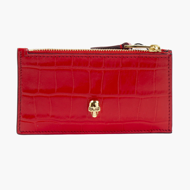 Portafoglio Alexander McQueen in pelle di coccodrillo goffrata rosso-oro con motivo teschio