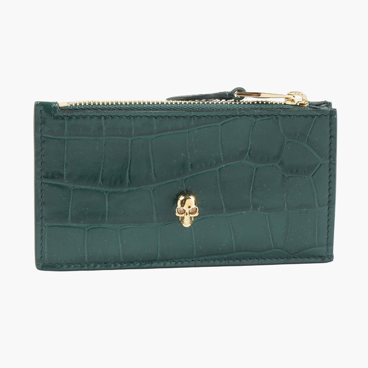 Portafoglio Alexander McQueen in coccodrillo verde-oro con emblema teschio