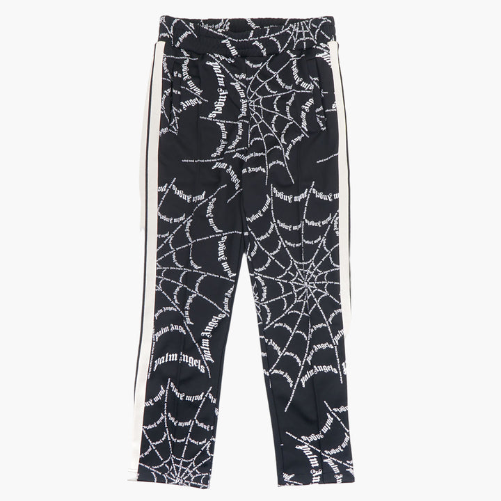 Palm Angels Black Trousers with Bold Web Pattern and Stripes