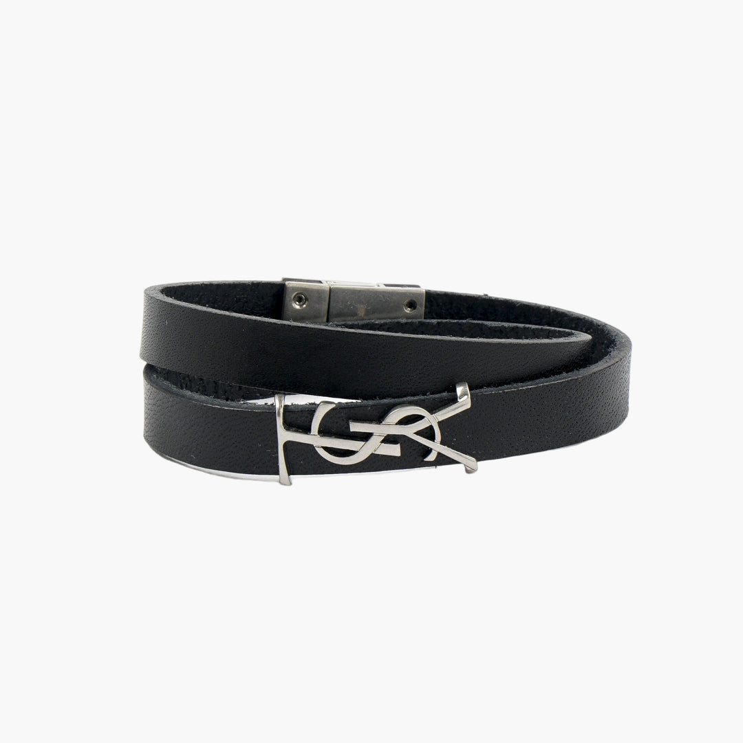 Saint Laurent Bijoux Black Leather Bracelet with Silver YSL Logo