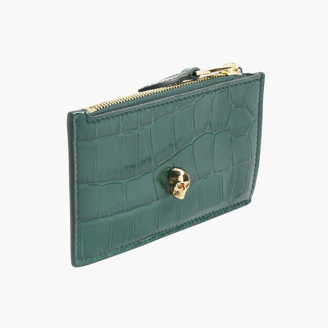 Portafoglio Alexander McQueen in coccodrillo verde-oro con emblema teschio