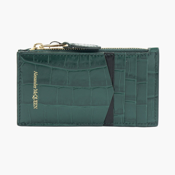 Alexander McQueen Green-Gold Crocodile-Embossed Wallet with Skull Emblem