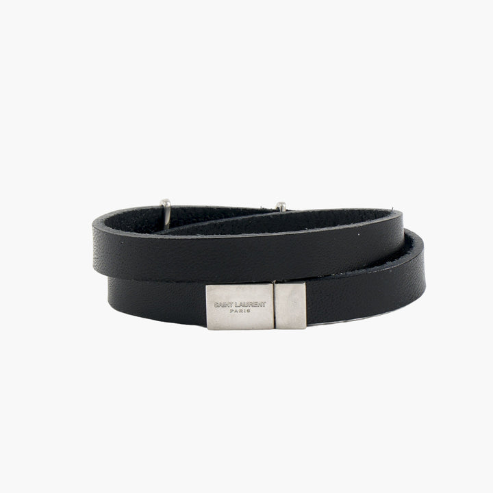 Saint Laurent Bijoux Black Leather Bracelet with Silver YSL Logo