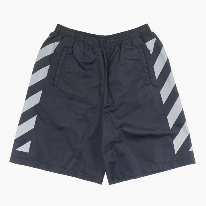 Off-White Black-Grey Diagonal Stripe Shorts with Elastic Waistband