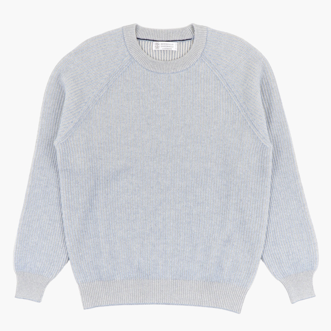 Brunello Cucinelli Light Blue-Grey Luxury Knit Sweater with Ribbed Detailing