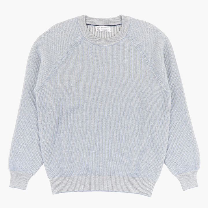 Brunello Cucinelli Light Blue-Grey Luxury Knit Sweater with Ribbed Detailing