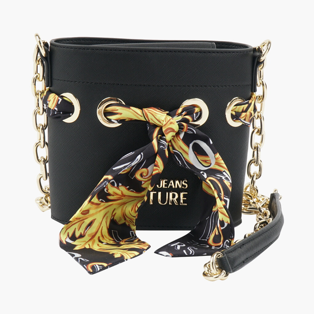 Versace Black and Gold Leather Bag with Chain Strap and Baroque Scarf