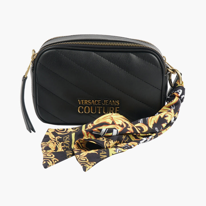 Versace Jeans Couture Elegant Quilted Black & Gold Bag with Scarf Detail