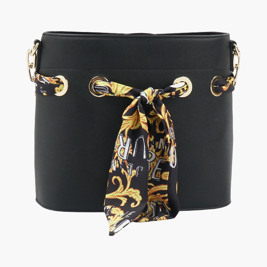 Versace Black-Multi Bag with Signature Printed Scarf and Gold-Tone Hardware - Designer Handbag Made in Italy