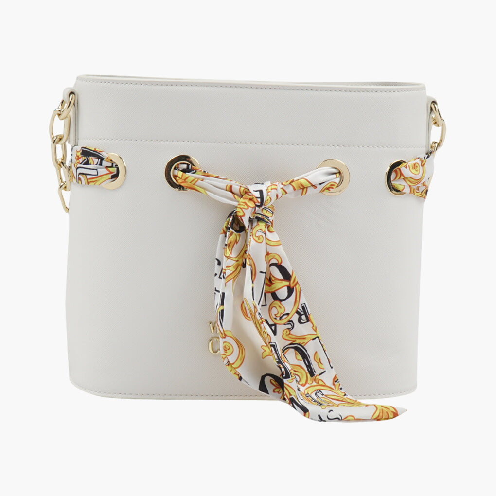 Versace Elegant White-Multi Bag with Scarf Detailing and Gold-Tone Hardware