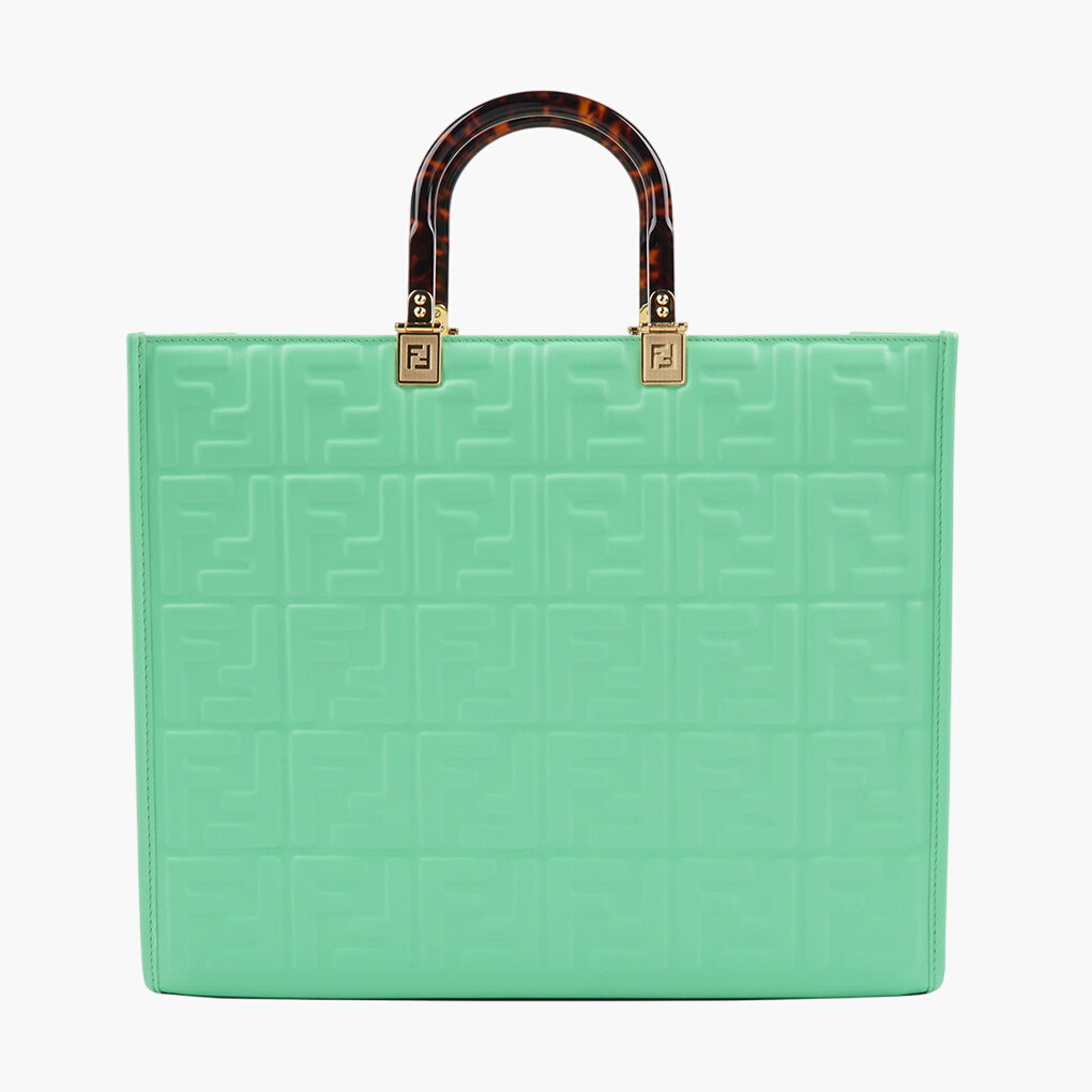 Fendi Bags - Mint Green Embossed Logo Bag with Tortoiseshell Handles, Made in Italy