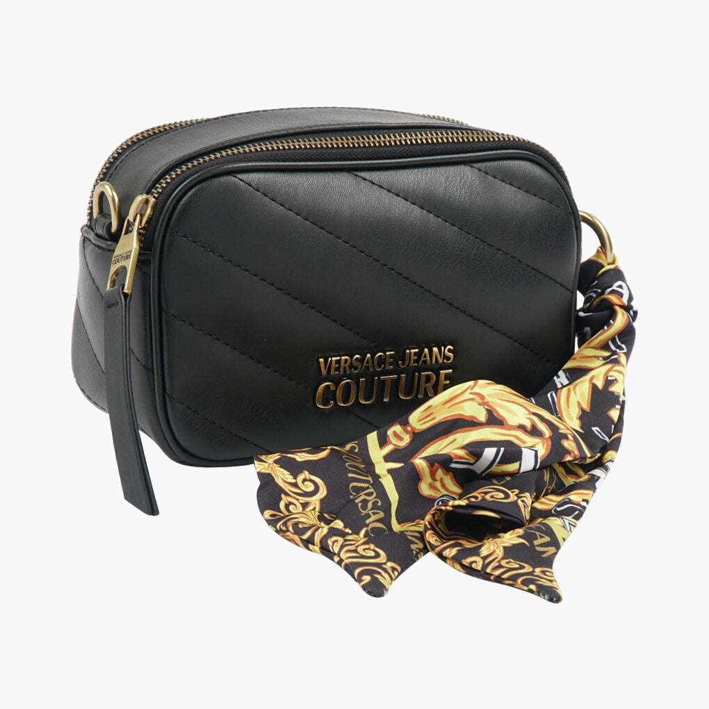 Versace Jeans Couture Elegant Quilted Black & Gold Bag with Scarf Detail