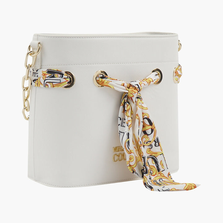 Versace Elegant White-Multi Bag with Scarf Detailing and Gold-Tone Hardware