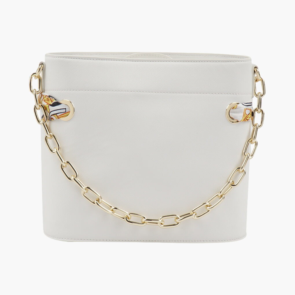 Versace Elegant White-Multi Bag with Scarf Detailing and Gold-Tone Hardware