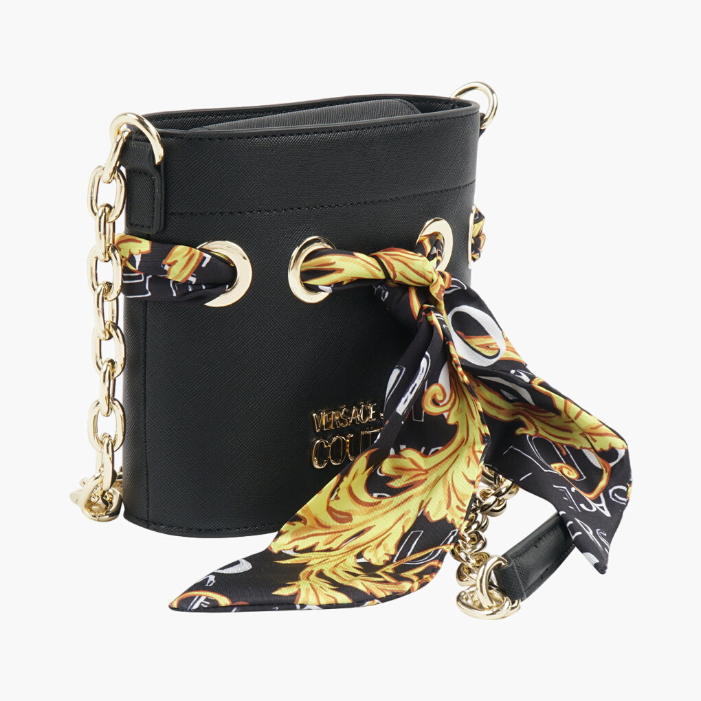 Versace Black and Gold Leather Bag with Chain Strap and Baroque Scarf