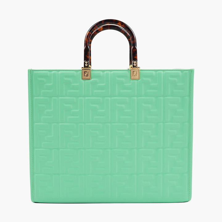 Fendi Bags - Mint Green Embossed Logo Bag with Tortoiseshell Handles, Made in Italy