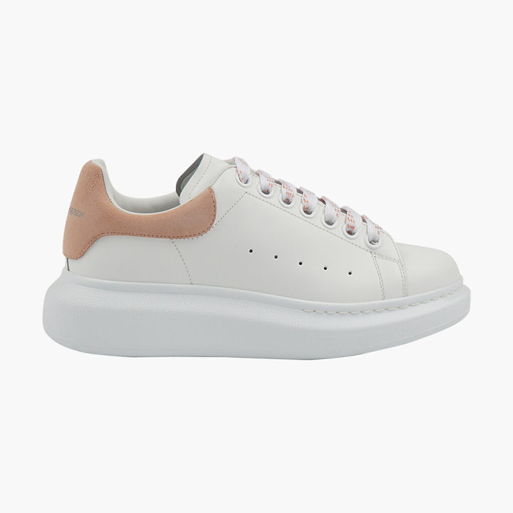 Alexander McQueen White-Pink Leather Sneakers with Suede Heel -