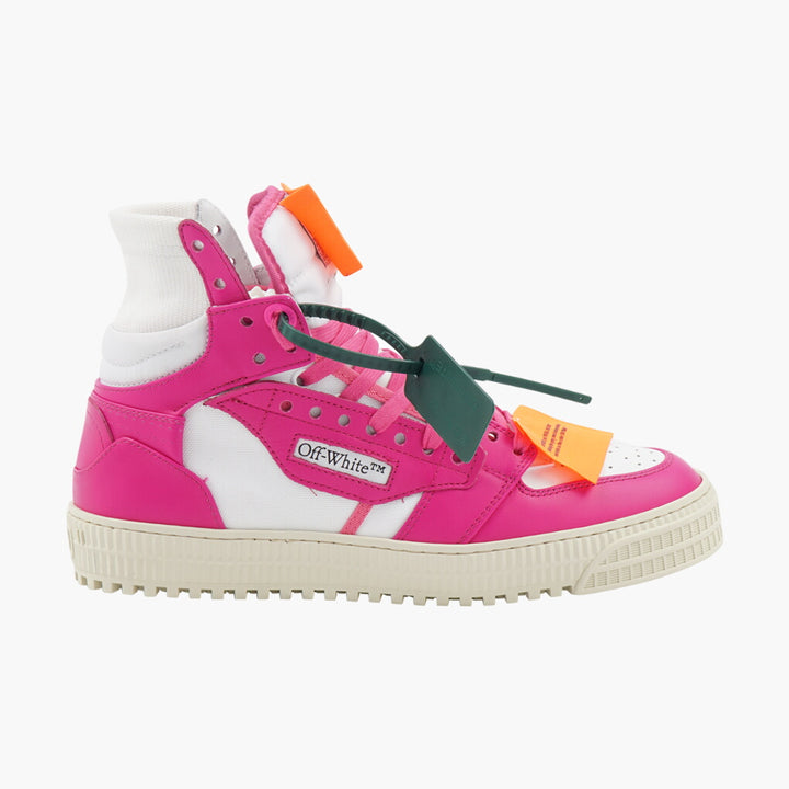 Sneakers Off-White in bianco e fucsia con iconica cerniera e design destrutturato