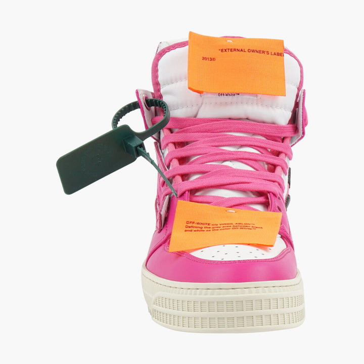 Sneakers Off-White in bianco e fucsia con iconica cerniera e design destrutturato