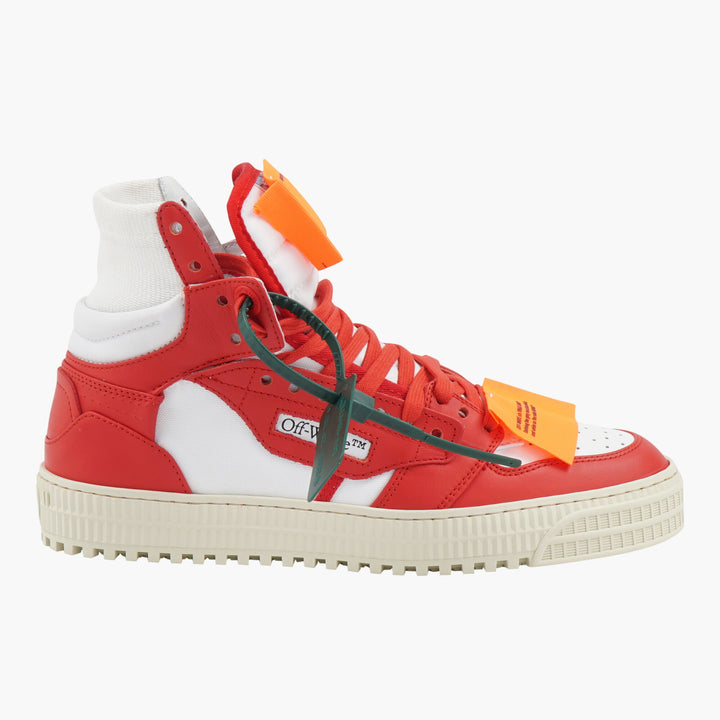 Off-White High-Top White-Red Leather Sneakers with Signature Branding