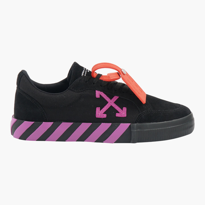 Off-White Sneakers - Black-Purple with Striking Arrow Logo and Unique Zip Tie