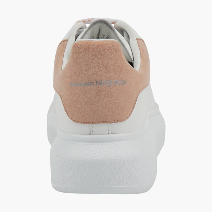 Alexander McQueen White-Pink Leather Sneakers with Suede Heel -