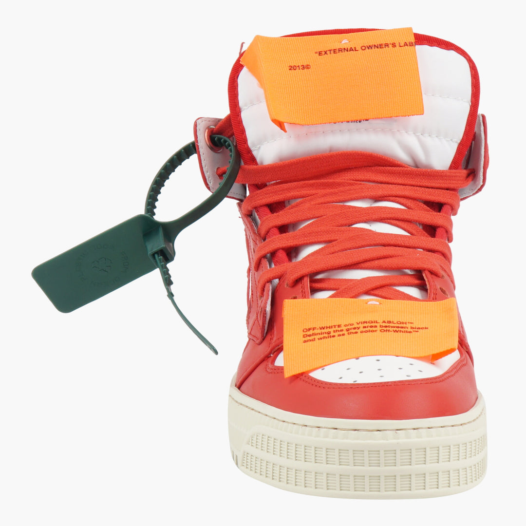 Off-White High-Top White-Red Leather Sneakers with Signature Branding