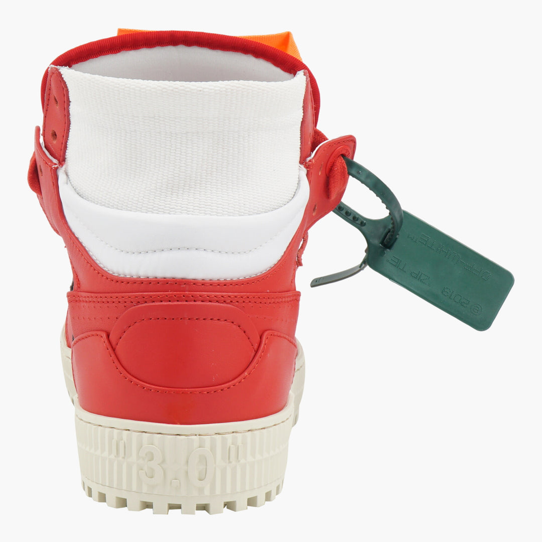 Off-White High-Top White-Red Leather Sneakers with Signature Branding