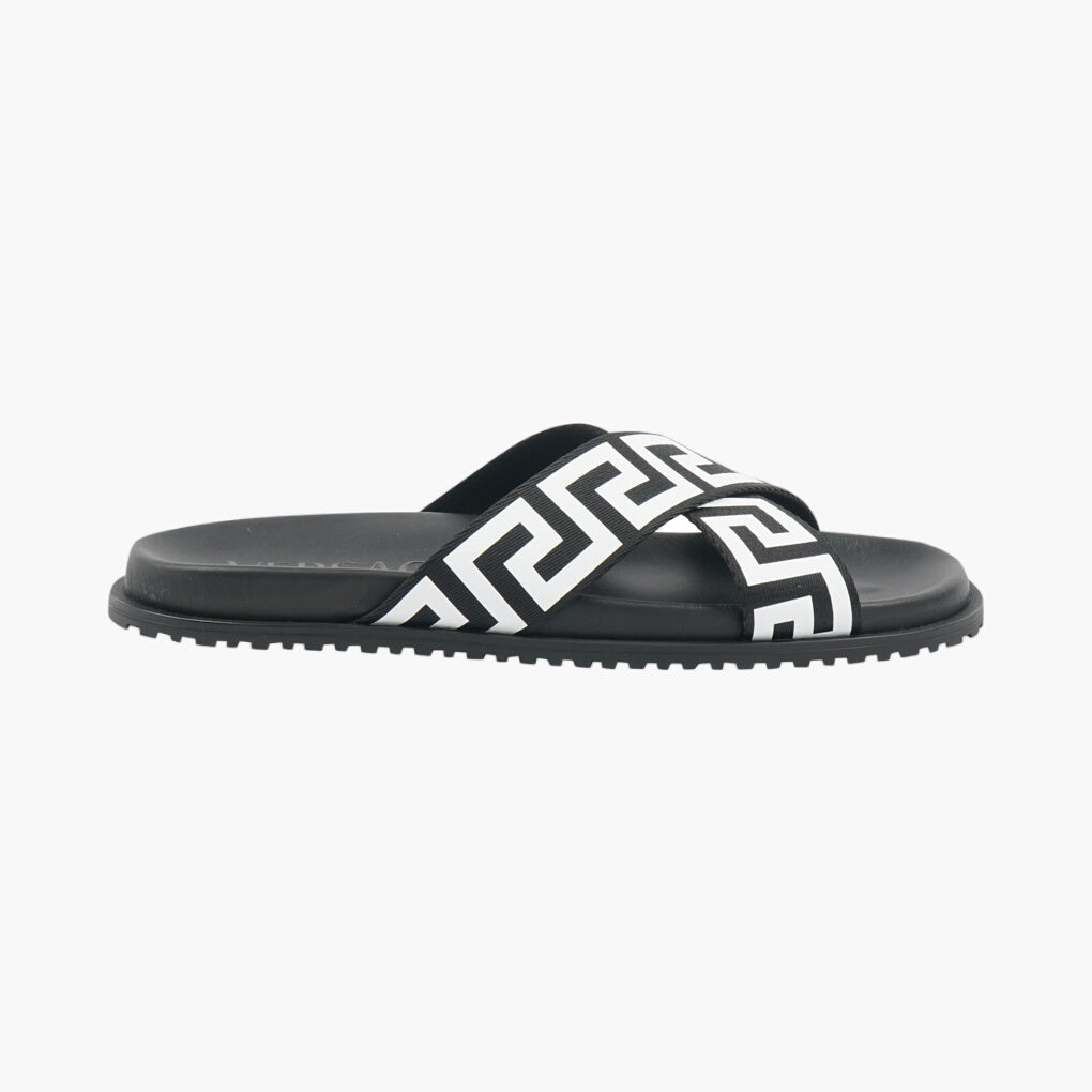 Versace Black Sandals with Stylish Greca Pattern and Cushioned Sole